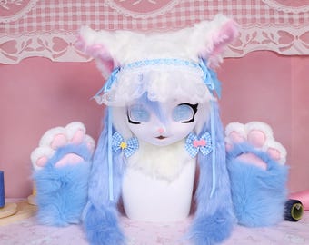 Kigurumi Blue Angel Cat Fursuit Head and Paws Cosplay Mask with Cross Heart Eyes Lace Ribbon Headband and Gingham Bows Sweet Lolita Full Set