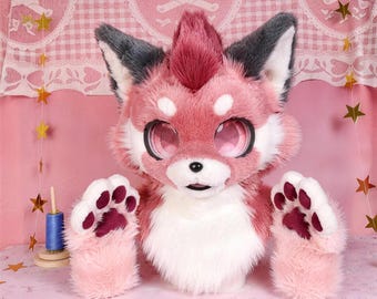 Tocado de fursuit rosa bicolor estilo americano-japonés, piel artificial esponjosa, lentes de ojos personalizados para cosplay