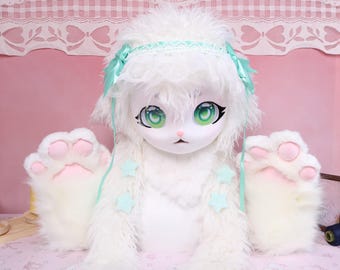 Kigurumi Sheep Fursuit Handmade Cosplay Costume Mint Green Furry Partial Suit Custom Kawaii Animal Mask Head and Paws Fursona Outfit Gift