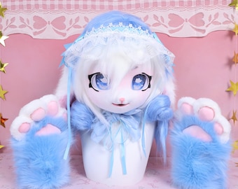 Kigurumi Frost Dream Bunny Fursuit Head Paws Blue White Fur Twin Braids Sky Gradient Eyes Lace Ribbon Bonnet Blue Bows Cosplay Gift for Fans