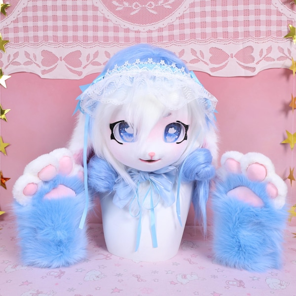 Kigurumi Frost Dream Bunny, Cabeça de Fursuit, Patas, Pelo Azul e Branco, Tranças Duplas, Olhos Degradê Azul, Gorro de Renda com Laços Azuis, Presente de Cosplay para Fãs
