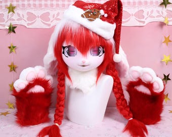 Kigurumi Christmas Red Bunny Fursuit Head Paws White and Red Fur Twin Braids Gingerbread Santa Hat Black Red Eyes Holiday Gift Cosplay Style