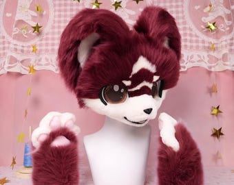 Original Burgundy Canine Elf Fox Fursuit Head With Matching Paw Gloves Cosplay Costume Set