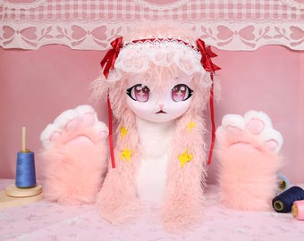 Kigurumi Sheep Fursuit Head Paws Pink Fluffy Mask Handmade Cosplay Costume Furry Partial Set Custom Kawaii Animal Kig Fursona Kit Gift