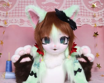 Kigurumi KIG Style Cat Fursuit Head Soft Brown Mint Green Faux Fur No Helmet Head Gentle Sweet Playful Cartoon Look With Color Shift Eyes