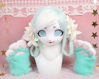 Kigurumi Lily Bunny Fursuit Head and Paws Blue Eyes White Aqua Fur Floppy Ear Mask Braided Hair Flower Clip Cosplay Costume Furry Accessory