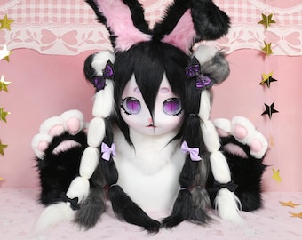 Kigurumi Bunny Fursuit Head with Black Grey and White Faux Fox Fur Purple Gradient Eyes Braided Hair and Gothic Ribbon Clips Cosplay Gift
