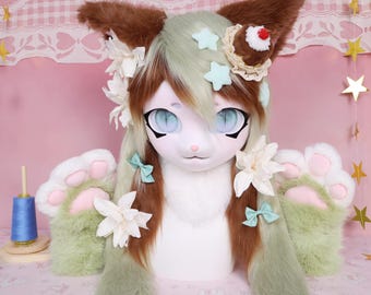 Kigurumi Kawaii Matcha Kitty Fursuit Head Pastel Cat KIG Style Faux Fox Fur Water Green Eyes Paw Gloves Japanese Sweet Cosplay Gift Floral