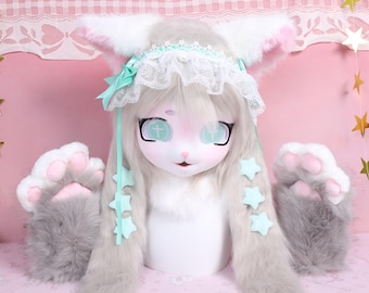Warm Gray Kitty KIG Fursuit Head Pastel Cat Mask with Mint Green Cross Eyes Plush Neck Fur Lace Bow Kemono Style Lightweight Cosplay Gift