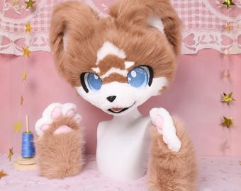 Original Light Brown Canine Elf Fox Fursuit Head With Matching Paw Gloves Cosplay Costume