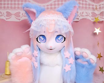 Pastel Pink Blue KIG Style Cat Fursuit Head with Heart Eyes Faux Fox Fur No Helmet Includes Matching Paw Gloves Fairy Handmad