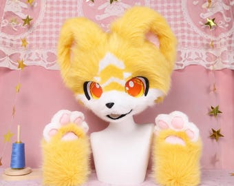 Original Golden Yellow Canine Elf Fox Fursuit Head With Matching Paw Gloves Costume Set