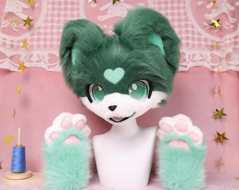 Mint Green Japanese Fursuit Head With Paws Handmade Artificial Fur Costume Roleplay Anime Set