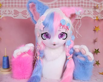 Kigurumi Pastel Kitty Fursuit Head Cartoon Eyes Faux Fox Fur Neck Fluffy Pink Blue White Hair Accessories and Paw Gloves KIG Cosplay Gift