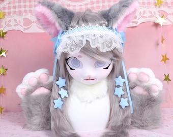Gray Kitty KIG Fursuit Head Soft Pastel Cat Mask with Gray Eyes Plush Neck Fabric Lace Bow Kemono Style Lightweight Cosplay Display Gift
