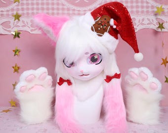 Kigurumi Christmas Cat Fursuit Head and Paws with Pink Ears White Fur Red Santa Hat Gingerbread Man Decor Bows and Holiday Gift Style