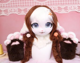 Kigurumi Ocean Bunny Fursuit Head Brown White Cosplay Mask Aqua Eyes Starfish Seashell Clips Soft Brown Paws Beach Dream Style