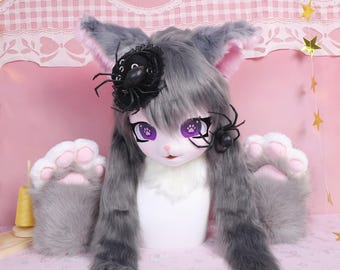Deep Grey Kitty KIG Fursuit Head Gothic Cat Mask with Purple Paw Print Eyes Spider Lace Hat Plush Neck Fur Kemono Style Cosplay Gift Display