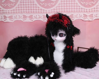 Kigurumi Midnight Lamb Fursuit Head Paws Feet Handmade Mask with Curly Black Fur Red Eyes Lace Headband Horns Red Bow Cosplay Costume Set