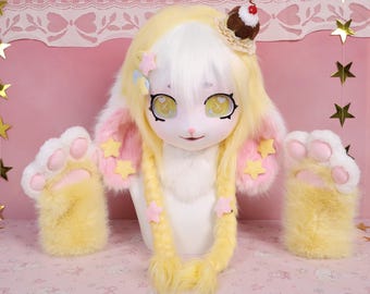 Kigurumi Lemon Cream Bunny Fursuit Head Paws Yellow White Fur Twin Braids Heart Eyes Star Hairclips Pudding Dessert Ornament Cosplay Gift