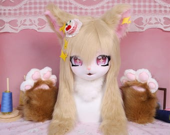 Kigurumi Sweet Star Cat Fursuit Head Paws Handmade Cosplay Mask Beige Fur Pink Star Eyes Cake Clip Hairpin Brown Gloves Fun Dessert Style