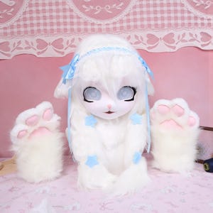 Kigurumi Sheep Fursuit Head Paws White Star Mask Handmade Cosplay Costume Furry Partial Suit Custom Kawaii Animal Kig Fursona Kit Gift Set