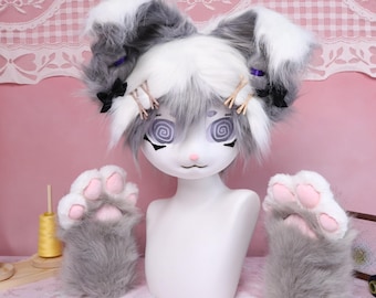 Kigurumi Gray Bunny Fursuit Head Paws with Spiral Cartoon Eyes Handmade Custom Cosplay Mask Furry Partial Suit Black Ribbon Brown Gift