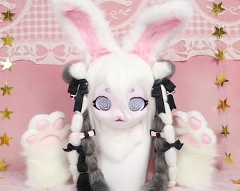 Kigurumi Bunny Fursuit Head with White Grey and Black Faux Fox Fur Hypno Eyes Braided Hair and Cute Ribbon Clips Cosplay Gift