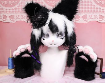 Kigurumi Bunny Fursuit Head Paws Gothic Black and White Rabbit Mask Handmade Cosplay Costume Furry Custom Kawaii Animal Kig Fursona Kit Gift