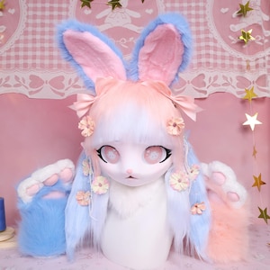 Kigurumi KIG Style Pastel Bunny Fursuit Head Pink Blue Faux Fur No Helmet Head Cute Soft Look With Sweet Rabbit Cartoon Eyes
