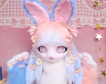 Kigurumi KIG Style Pastel Bunny Fursuit Head Pink Blue Faux Fur No Helmet Head Cute Soft Look With Sweet Rabbit Cartoon Eyes