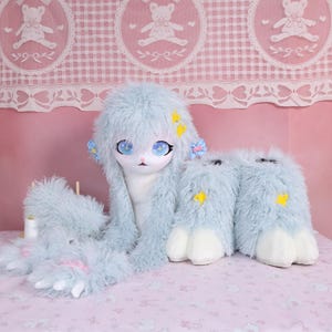 Kigurumi Sheep Fursuit Head Paws Feet Mint Blue Fluffy Mask Handmade Cosplay Costume Furry Partial Custom Kawaii Animal Kig Fursona Kit Gift
