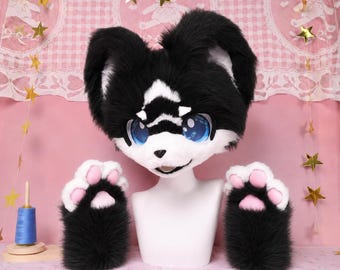 Original Black Canine Elf Fox Fursuit Head With Matching Paw Gloves Cosplay Costume Set