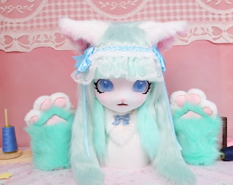 Kigurumi Mint Aqua Cat Fursuit Head Cosplay Mask with Blue Gentle Eyes Lace Headband Bow Clips Soft Furry Paws Sweet Pastel Collector