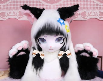 Kigurumi Black White Cat Fursuit Head and Paws Cosplay Mask with Blue Aqua Eyes Fuzzy Star Hair Clips and Ribbon Bows Modern Full Set