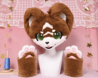 Original Dark Brown Canine Elf Fox Fursuit Head With Matching Paw Gloves Cosplay Costume