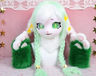 Kigurumi Mist Bunny Fursuit Head Paws with Green Eyes Star Clips White Mint Fur Floppy Ears Braided Hair and Forest Green Paw Gloves Cosplay