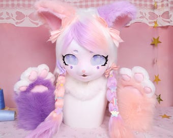 Kigurumi Kawaii Neko KIG Fursuit Head Pastel Sakura Kitty Cartoon Eyes White Pink Purple Faux Fox Fur Neck Fluff Bow Paw Gloves Cosplay Gift