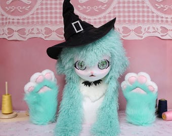 Kigurumi Sheep Fursuit Head Paws Mint Green Witch Style Mask Handmade Cosplay Costume Furry Partial Set Custom Kawaii Animal Kig Fursona DIY