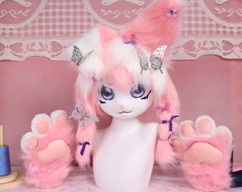 Kigurumi Pink Bunny Fursuit Head and Paws Cosplay Mask with Purple Glow Eyes Metal Butterfly Clips Furry Partial Suit Pastel Rabbit Gift