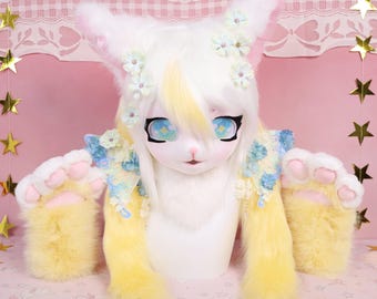Kigurumi Sunny Bloom Cat Fursuit Head Paws Yellow and White Fur Blue-Green Star Eyes Floral Butterfly Hairclips Soft Pastel Cosplay Gift