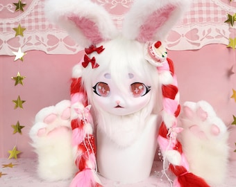 Cabeza de disfraz de conejito de caramelo Kigurumi con orejas flexibles de piel de zorro sintética blanca, rosa y roja, ojos rojos estrellados, pelo trenzado, pinzas para el pelo, regalo de cosplay