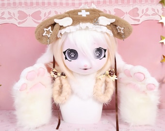 Kigurumi Fluffy Bunny Fursuit Head Milk Tea Fur Pink Ears Paw Print Eyes Double Braids Brown Lace Winged Earband Ribbon Bow Cosplay Gift