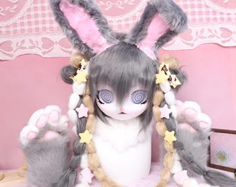 Kigurumi Bunny Fursuit Head Paws Gray Braided Ears Mask Handmade Cosplay Costume Furry Partial Suit Custom Kawaii Animal Kig Fursona Kit