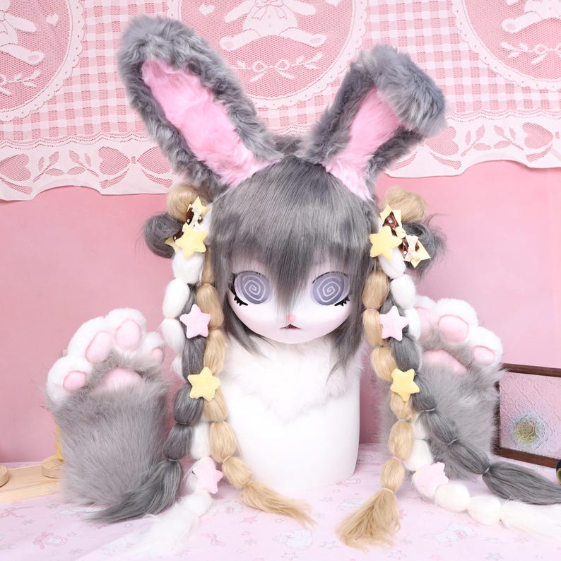 Kigurumi Bunny Fursuit Head Paws Gray Braided Ears Mask Handmade kigurumi-bunny-fursuit-head-paws-gray-braided-ears-mask-handmade