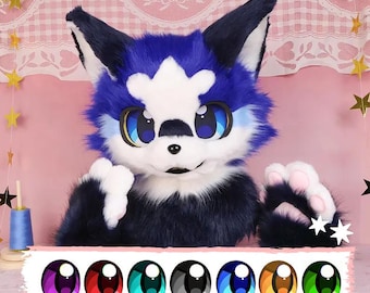 Conjunto de cabeza y patas de fursuit azul y blanco, malla de ojos intercambiables, disfraz de piel sintética, regalo