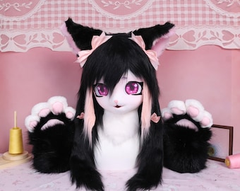 Kigurumi Night Sakura, disfraz de gato, máscara de cosplay con cabeza y patas, lazos rosas para el pelo, ojos magenta, orejas negras, cuello de piel suave, estilo gótico dulce, conjunto completo