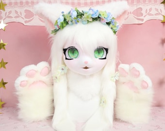 Kigurumi Fluffy White Cat Fursuit Head with Faux Fox Fur Inner Ears Green Gradient Eyes Long Soft Hair Flower Crown Fairy Cosplay Gift