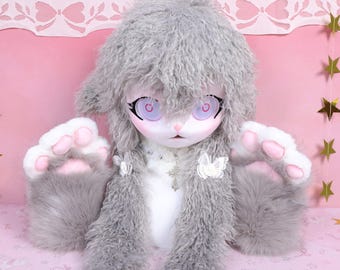 Kigurumi Ash Wool Lamb Fursuit Head Paws Curly Fur Set with Pink Circle Eyes Butterfly Bows Gothic Cross Choker Cosplay Gift for Furry Fans