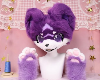 Purple White Japanese Style Fursuit Head Handmade Premium Artificial Fur Furry Cosplay Head For Fursona Furry Costume Cosplay Party